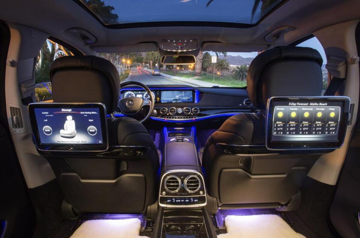 Mercedes Maybach S600 stylish and luxurious interiors with personal screens and blue lighting