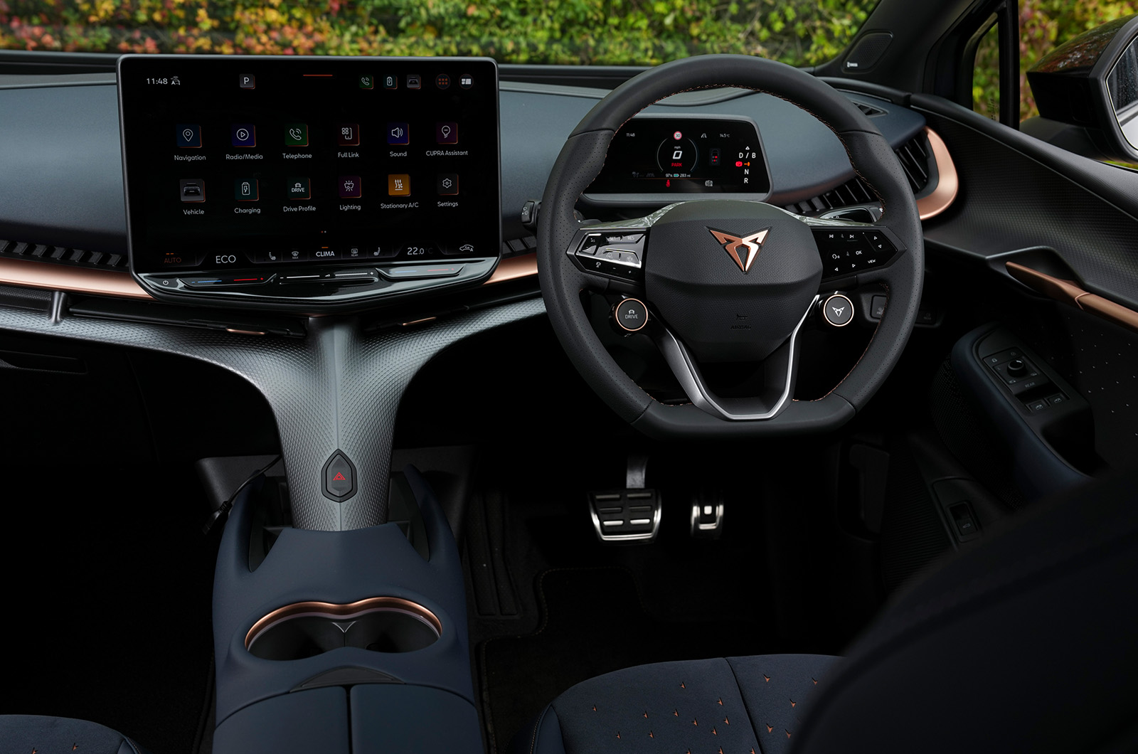 An interior shot of the CUPRA Tavascan showing the dashboard and central spine