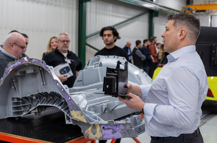 Dan Harrowell explains mega casting technology to guests, EV Blueprint launch 1
