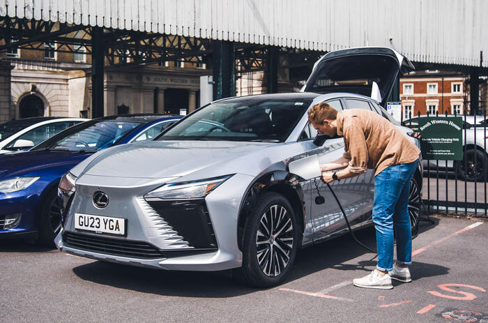 Lexus RZ charging front quarter