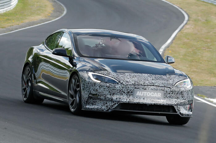 Tesla Model S Plaid update camo front quarter tracking