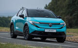 2026 Nissan Leaf front quarter tracking cornering 2026 Nissan Leaf front quarter tracking cornering