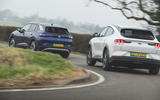 96 Mustang Mach e ID 4 Polestar 2 triple test 2021 cornering rear