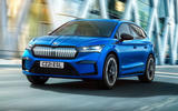 99 Skoda Enyaq Sportline 2021 official press tracking front 99 Skoda Enyaq Sportline 2021 official press tracking front