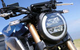 The Honda CB650R's classic circular headlight is now enhanced with a powerfully standout blue-tinted LED beam