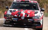 Front view of the Polo R5 on a rally stage