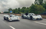 Porsche 963 RSP driving on road with 917 front quarter tracking Porsche 963 RSP driving on road with 917 front quarter tracking