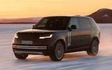 Range Rover Electric 2025 winter testing front quarter tracking ice lake