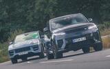 Range Rover Sport SV VS Porsche Cayenne E Hybrid Coupe front cornering pair