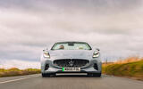 Maserati grancabrio folgore 2025 Review front tracking head on 003 Maserati grancabrio folgore 2025 Review front tracking head on 003
