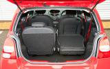 Bases of the seats fold up and out of the way to accommodate awkward loads Renault Twingo RS133 boot space