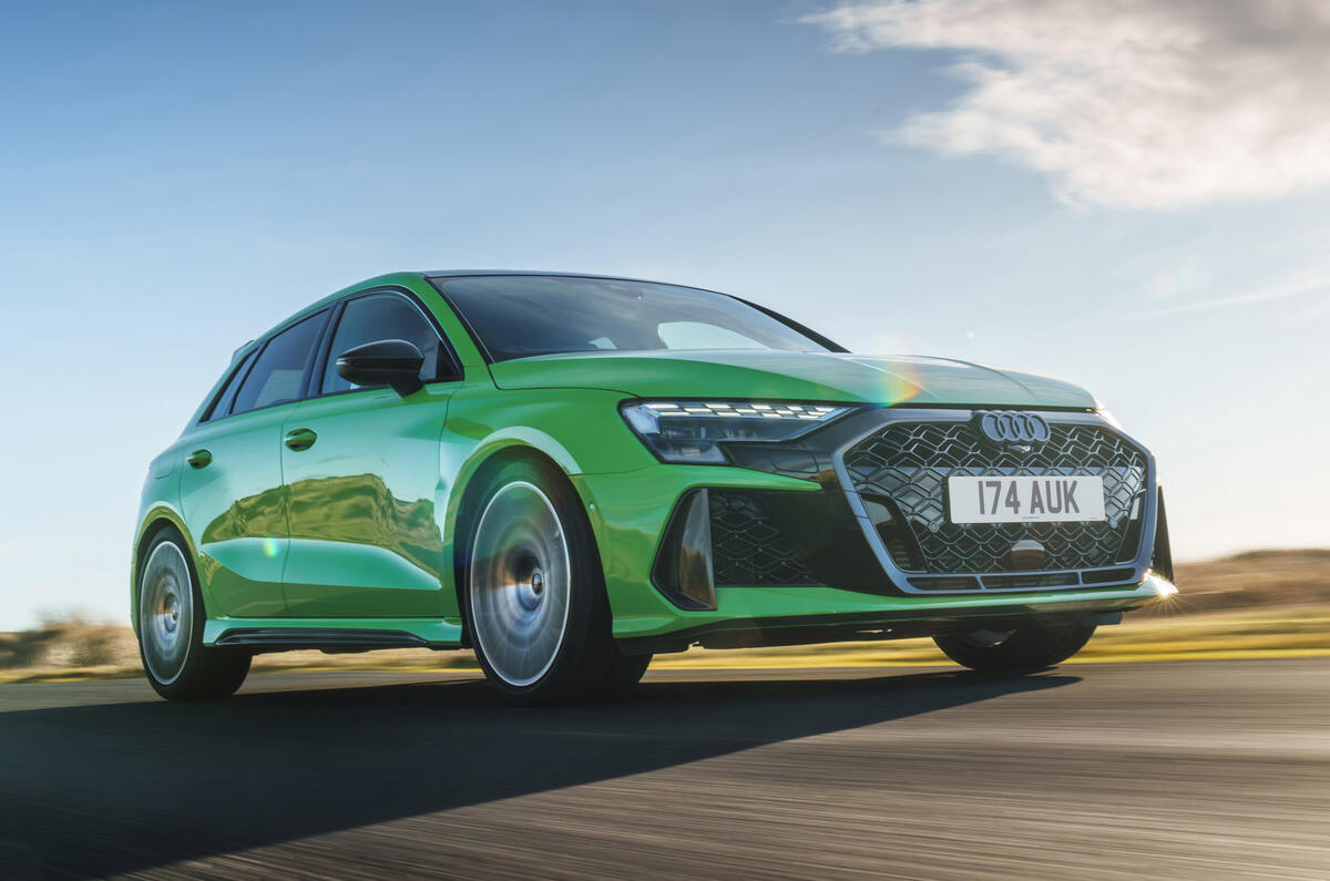 2026 Audi RS3 front three-quarter on road