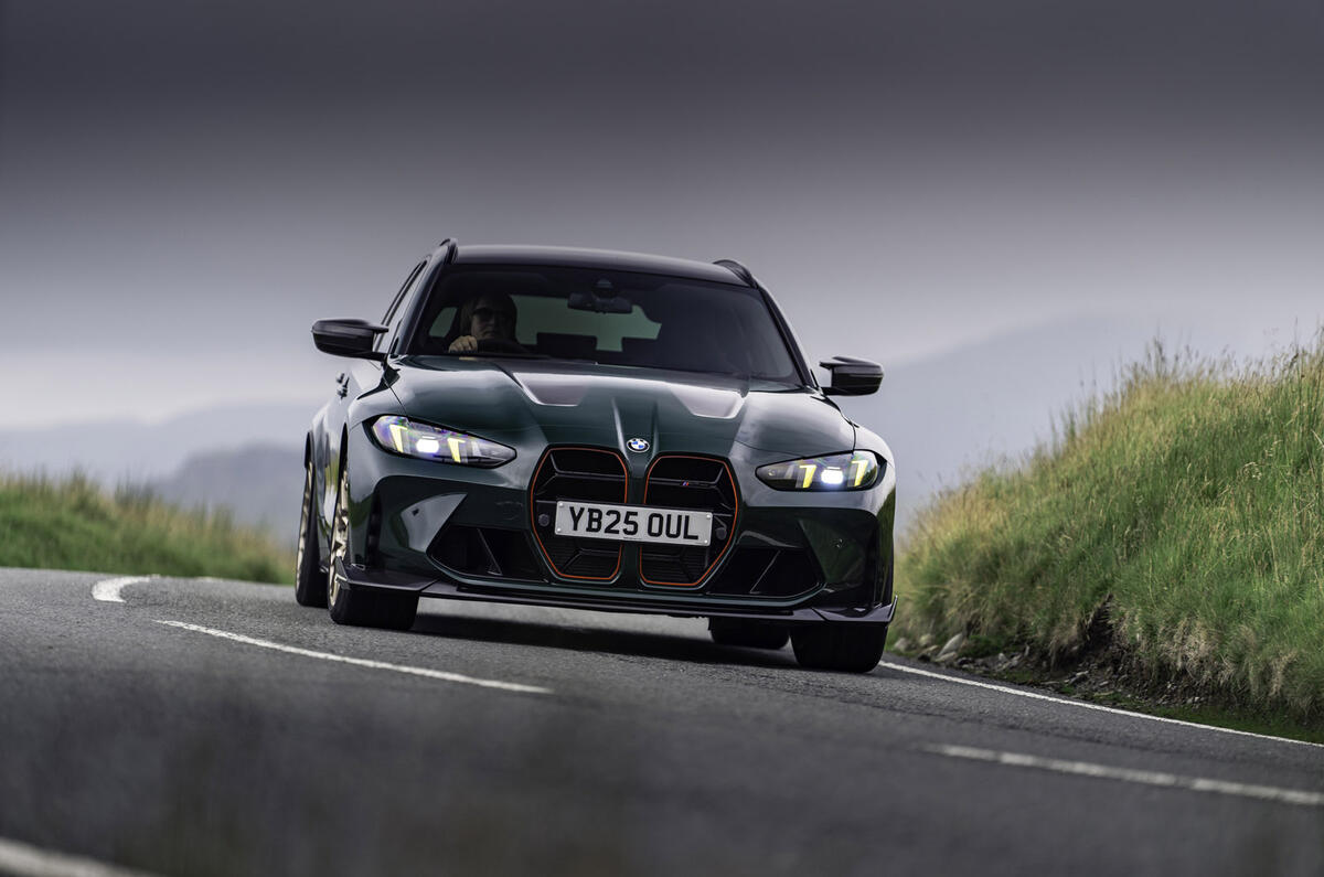 02 BMW M3 CS Touring 2025 Autocar review front cornering road 02 BMW M3 CS Touring 2025 Autocar review front cornering road