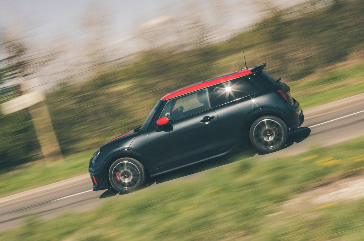 03 Mini John Cooper Works 2025 Autocar road test review side driving