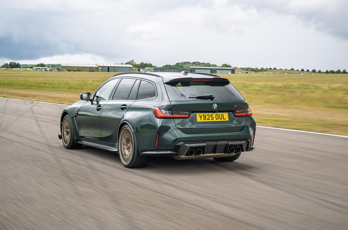 04 BMW M3 CS Touring 2025 Autocar review rear driving track 04 BMW M3 CS Touring 2025 Autocar review rear driving track