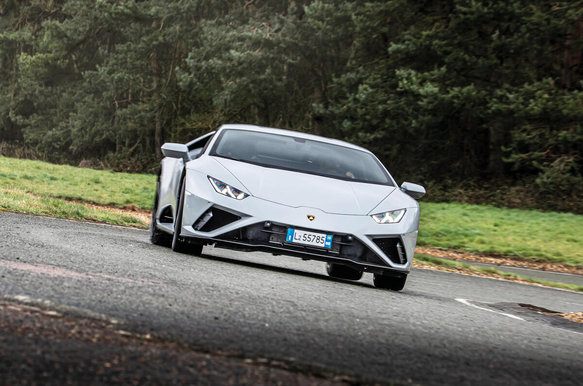 Lamborghini Huracan EVO RWD 2020 road test review - cornering front Lamborghini Huracan EVO RWD 2020 road test review - cornering front