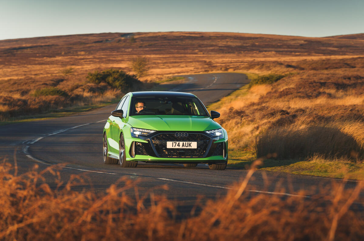 18 Audi RS3 2025 Autocar road test review front cornering 18 Audi RS3 2025 Autocar road test review front cornering
