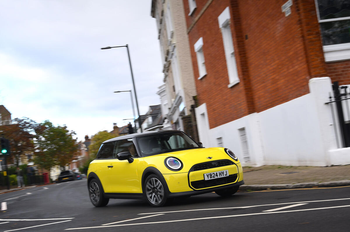 2024 Mini Cooper C 3dr in yellow   cornering in town, front