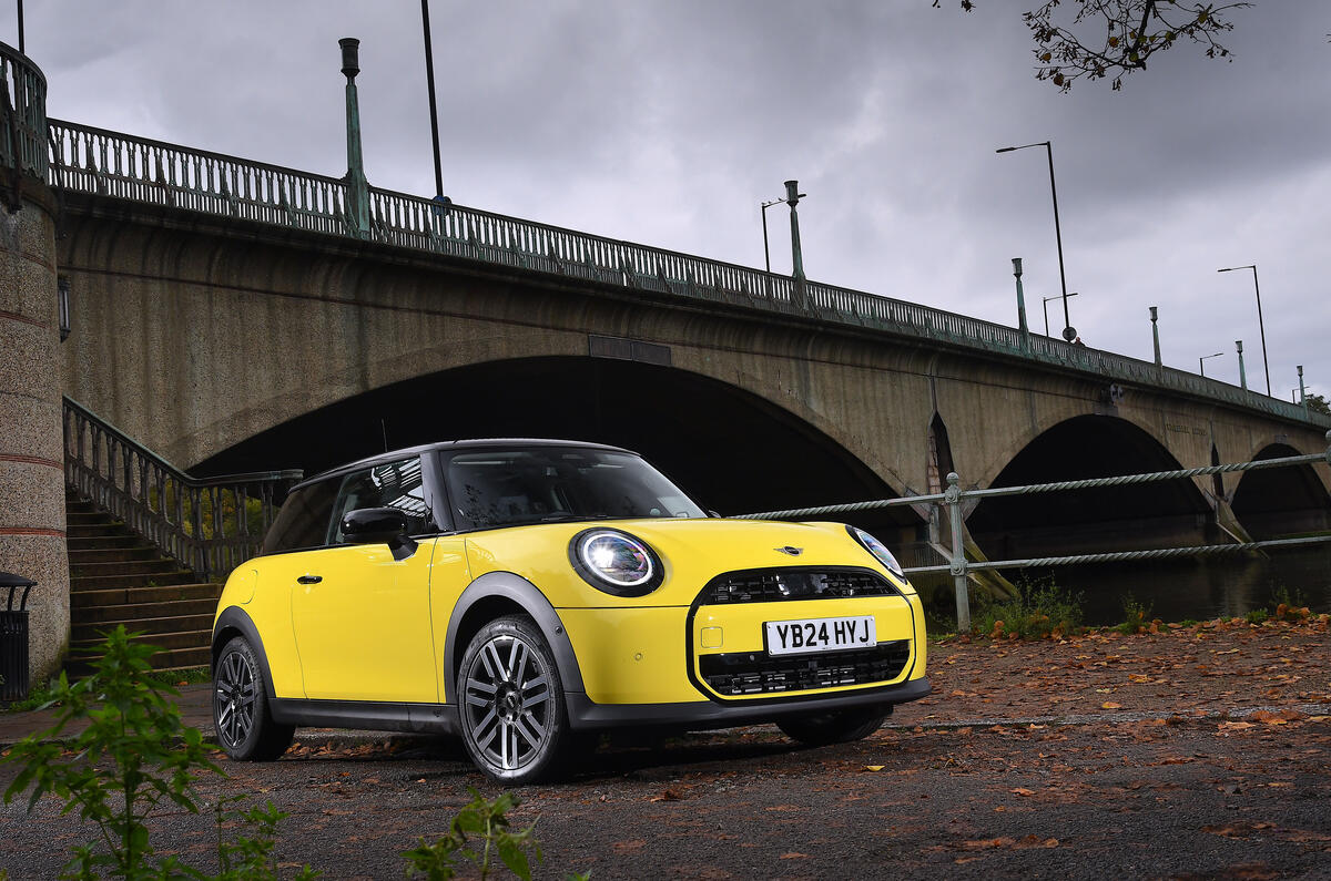 2024 Mini Cooper C 3dr in yellow   parked under Richmond bridge