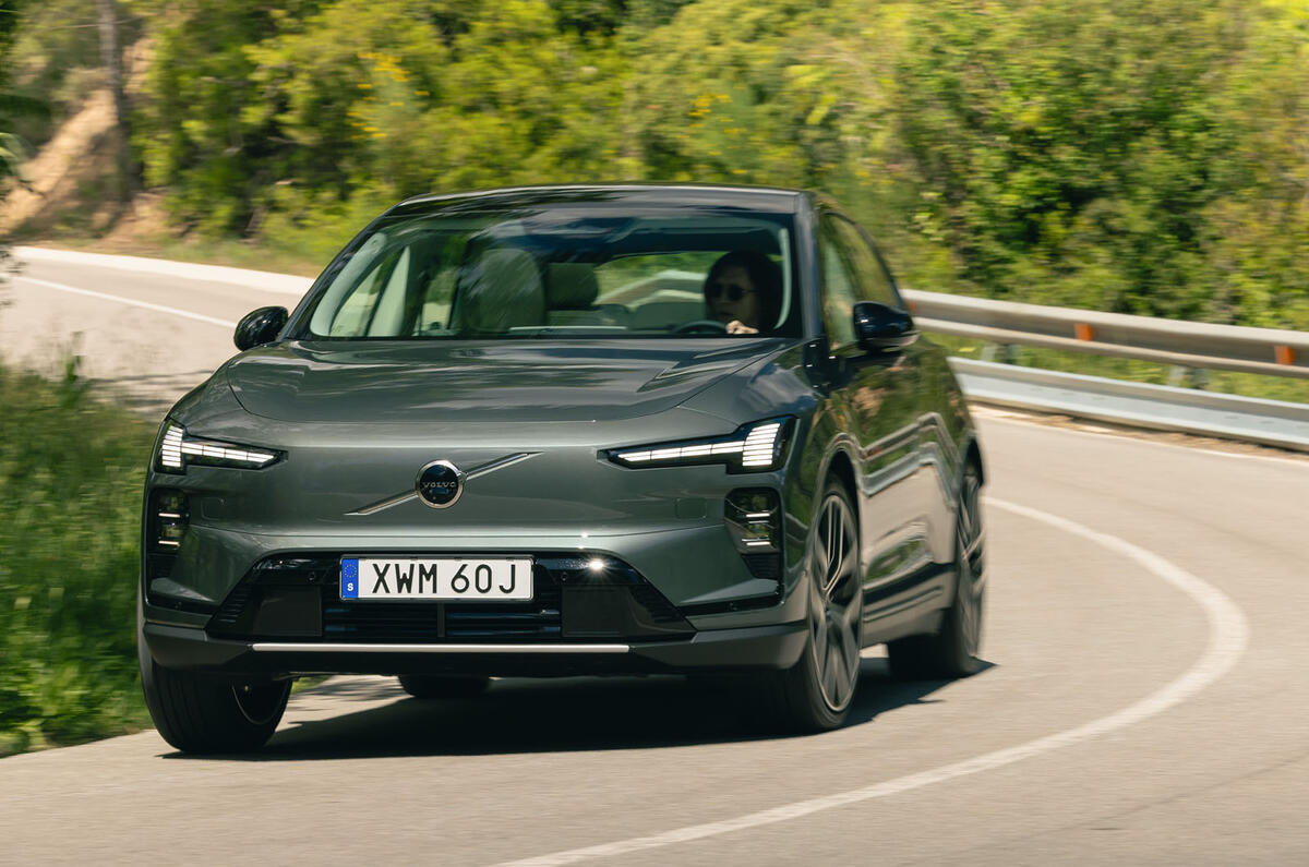23 Volvo EX60 autocar road test review front cornering