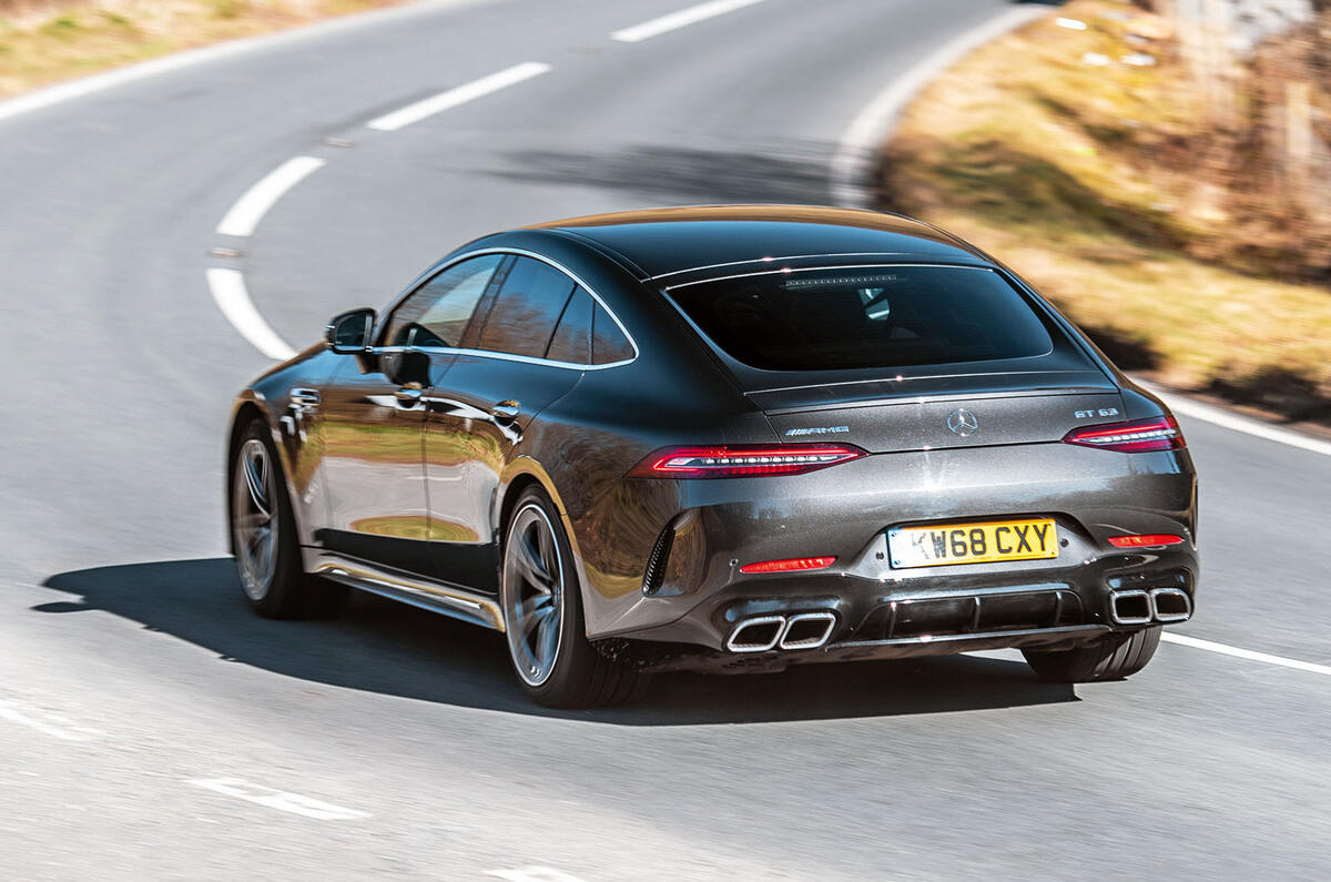 Mercedes-AMG GT four-door Coupé 2019 road test review - cornering rear