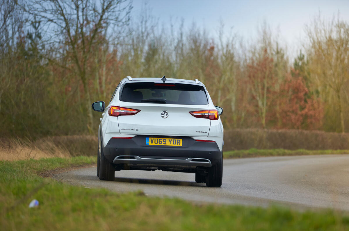 Vauxhall Grandland X Hybrid4 2020 road test review - cornering rear