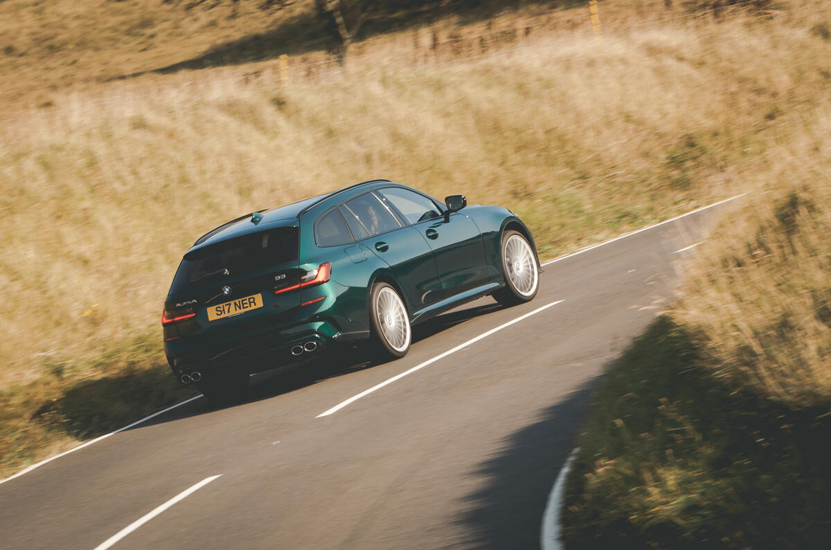 Alpina B3 Touring 2020 road test review - cornering rear Alpina B3 Touring 2020 road test review - cornering rear