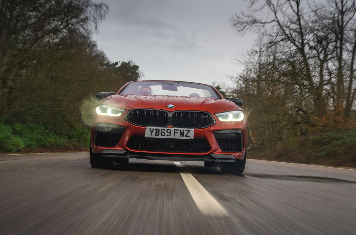 BMW M8 Competition convertible 2020 road test review - on the road nose BMW M8 Competition convertible 2020 road test review - on the road nose
