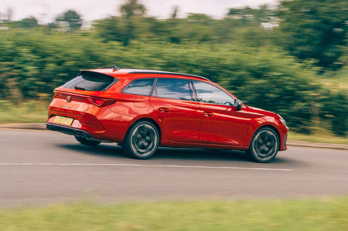 26 Cupra Leon Estate 2021 road test review on road side 26 Cupra Leon Estate 2021 road test review on road side