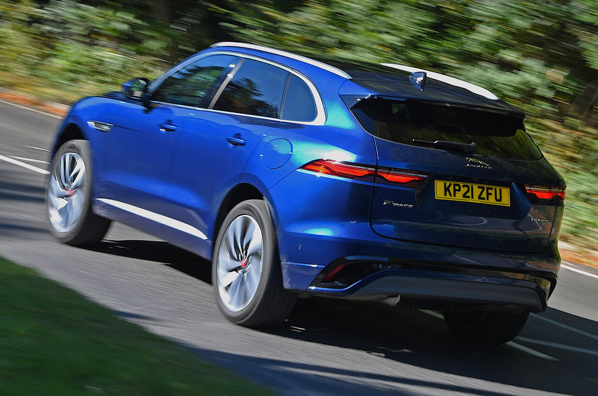 3 Jaguar F Pace P400e 2021 road test review tracking rear