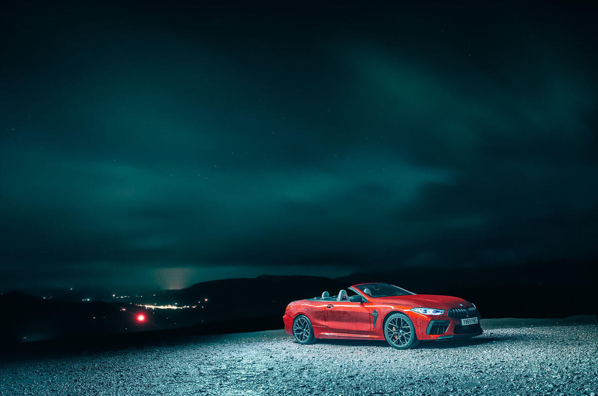 BMW M8 Competition convertible 2020 road test review - static night BMW M8 Competition convertible 2020 road test review - static night