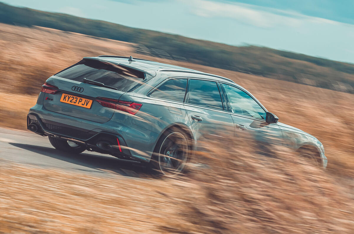 Audi RS6 review rear three quarter tracking Audi RS6 review rear three quarter tracking