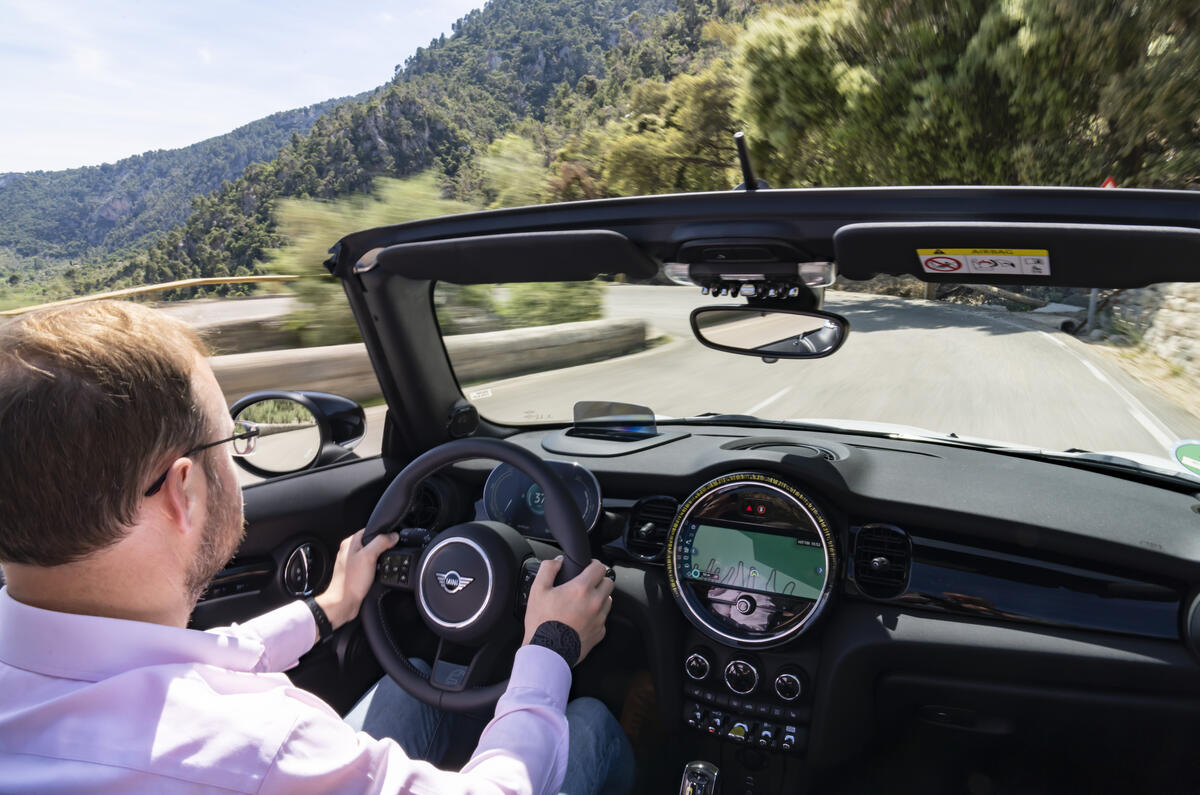 mini electric convertible review cabin driving  mini electric convertible review cabin driving