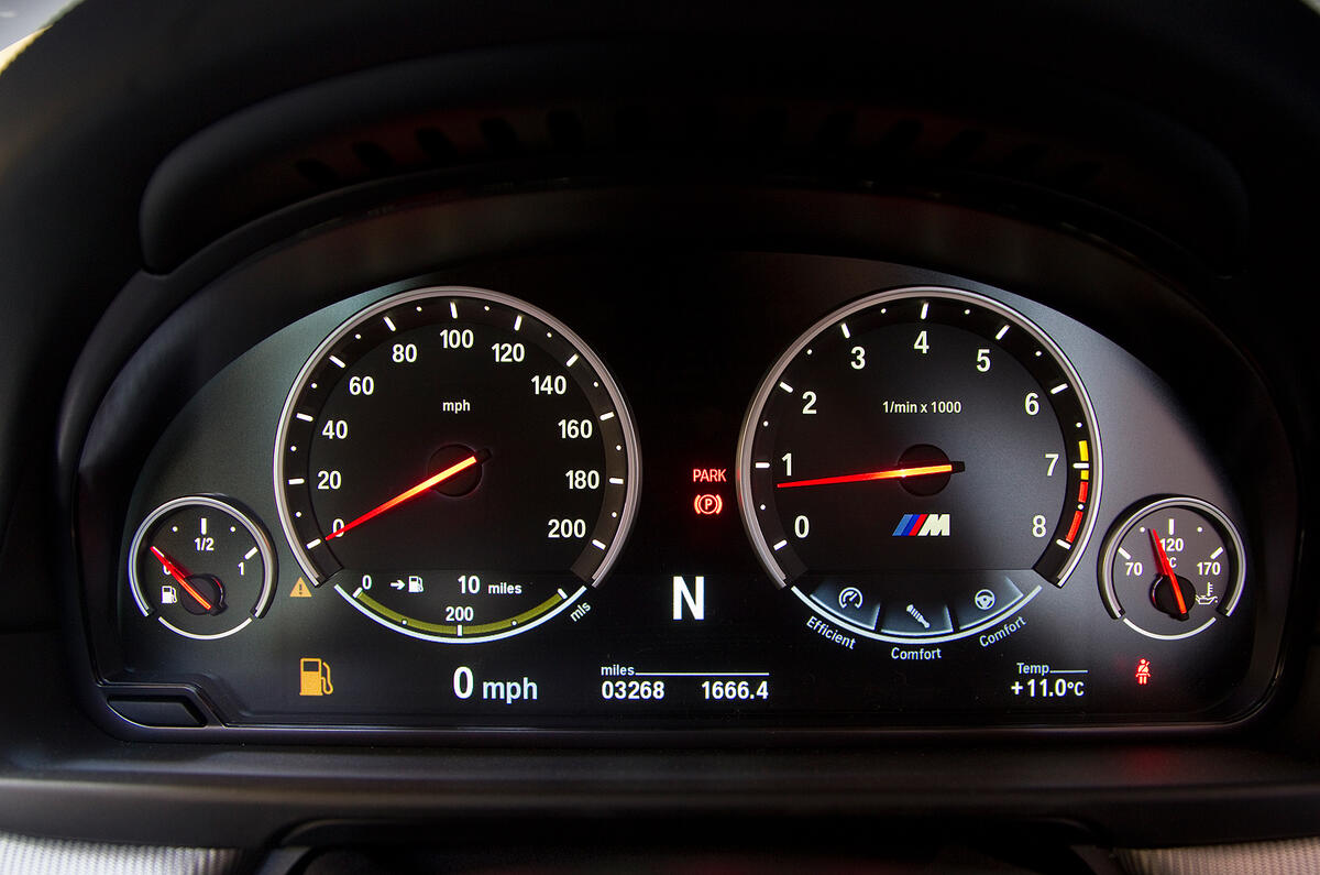 Instruments feature red needles with white illumination BMW M5 instrument cluster