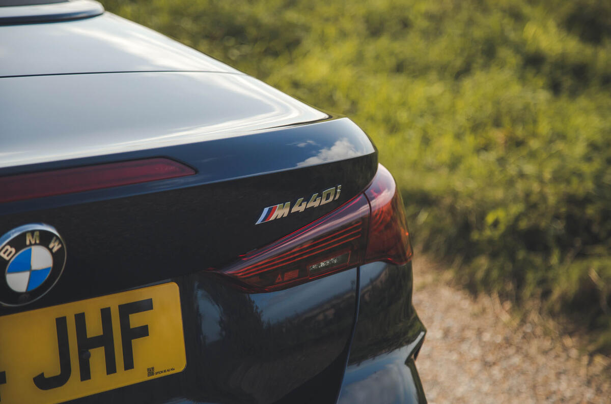 BMW M440i Cabriolet in blue   rear badge BMW M440i Cabriolet in blue   rear badge