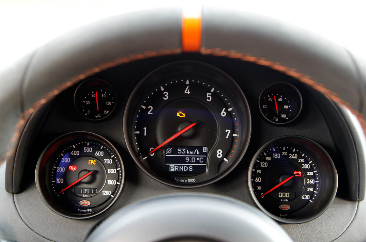 The Veyron's dials are clear - and they need to be at its v-max of more than three and a half times the UK motorway speed limit Bugatti Veyron dials