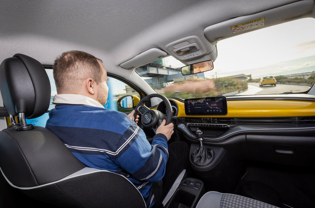 Charlie Martin driving Fiat 500 Hybrid