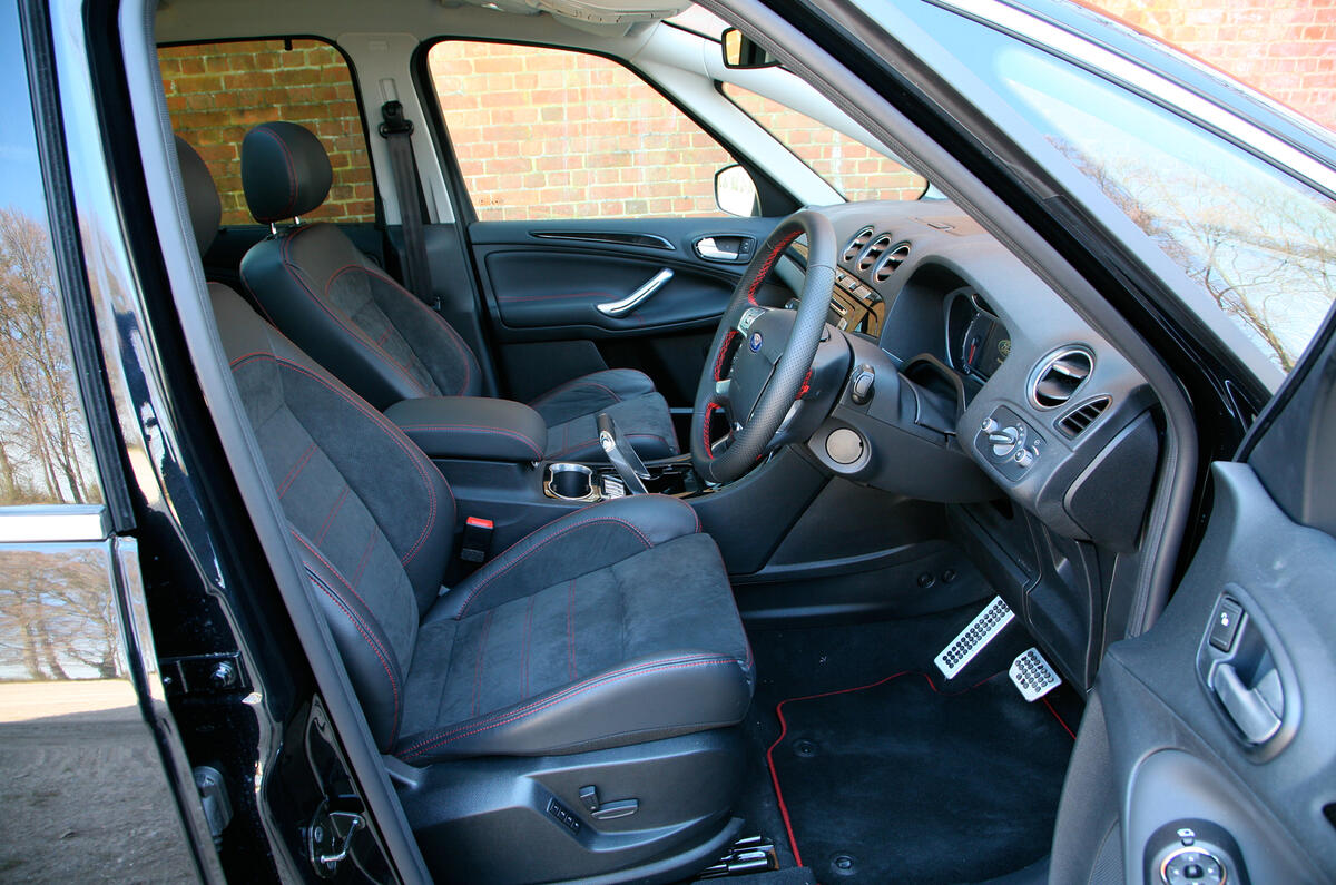 Front cabin is spacious, but leather/Alcantara mix may not work for family life Ford S-Max front seats