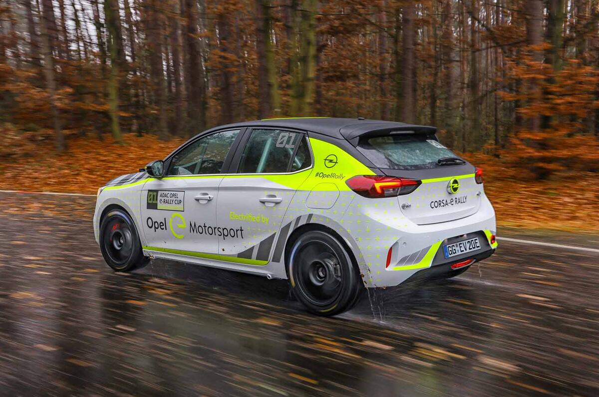 Vauxhall Corsa-e rally car side rear