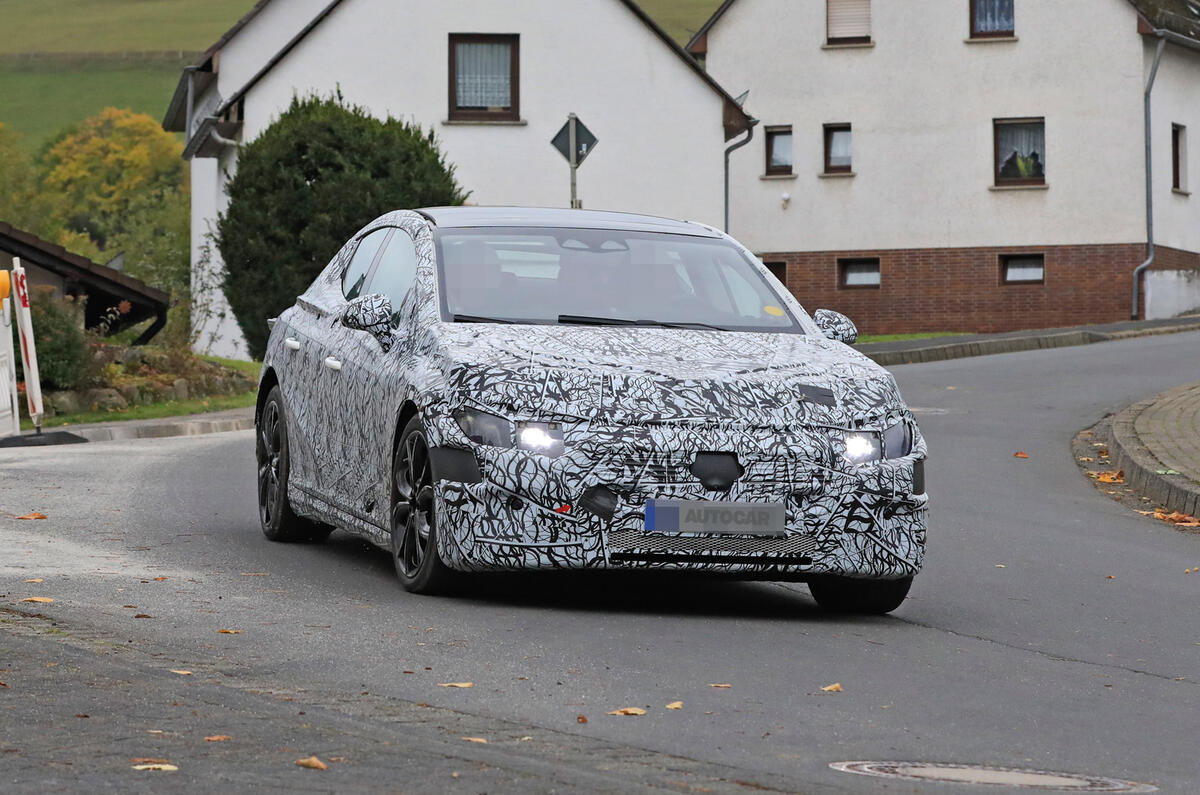 2022 Mercedes EQE spies cornering front