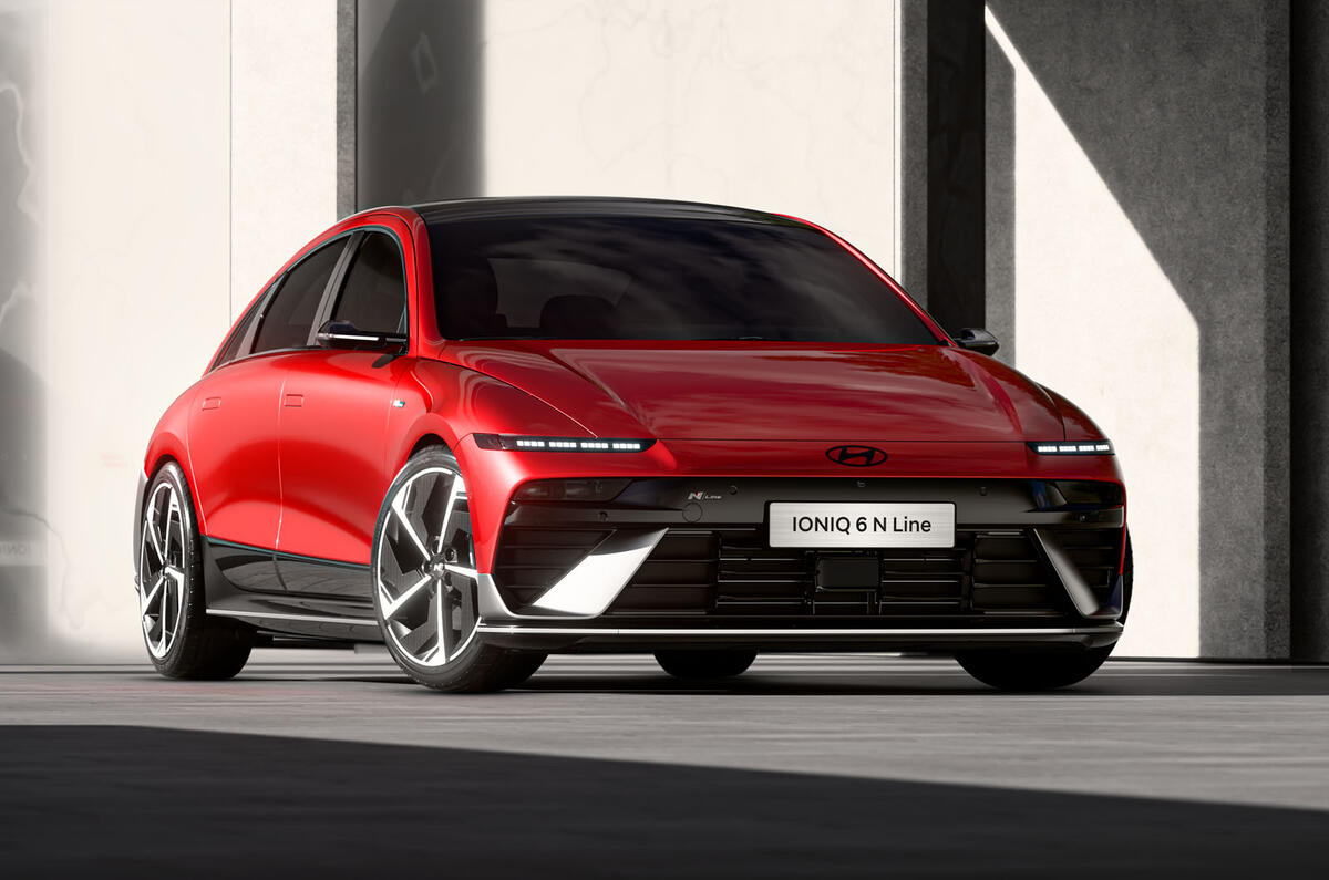 2025 Hyundai Ioniq 6 N Line in red   front three quarters 2025 Hyundai Ioniq 6 N Line in red   front three quarters