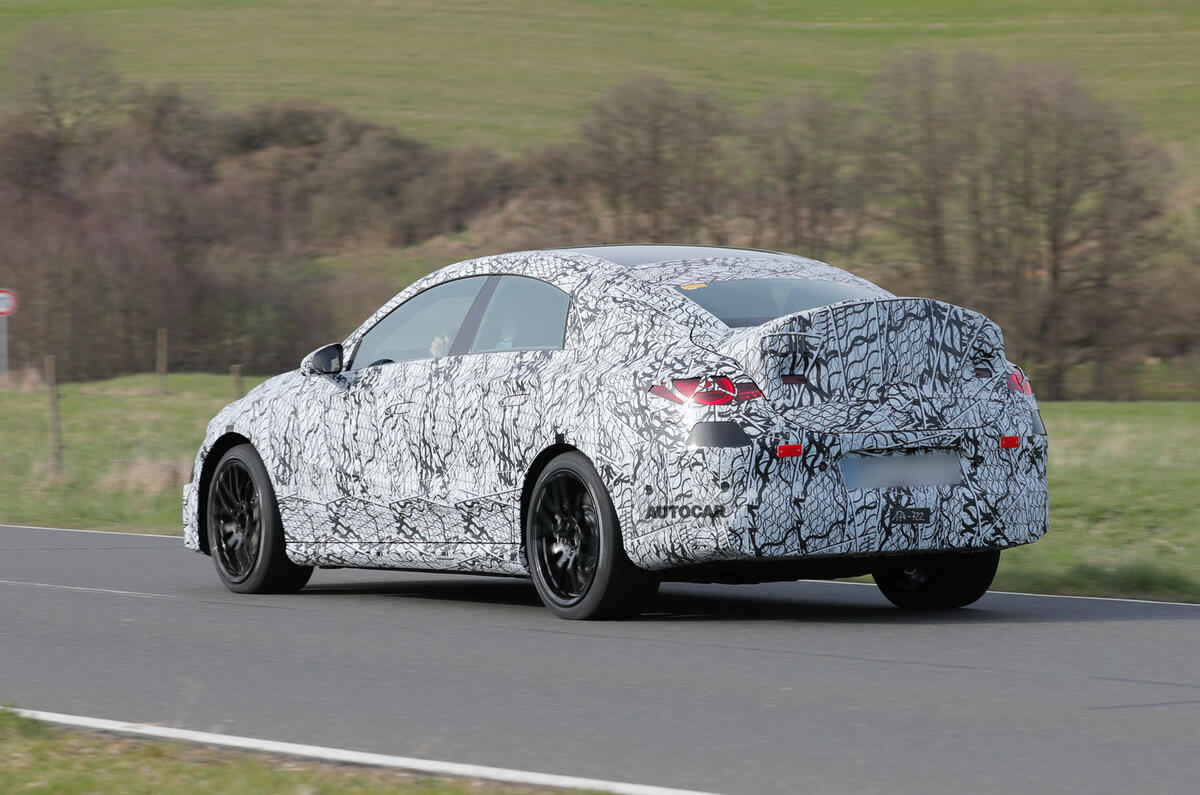 2025 Mercedes AMG CLA prototype, rear three quarters 2025 Mercedes AMG CLA prototype, rear three quarters