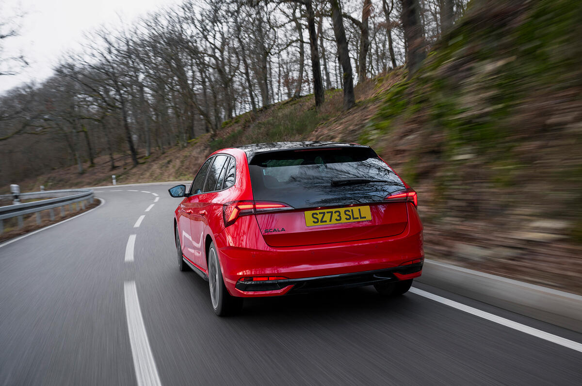 Skoda Scala rear three quarters driving Skoda Scala rear three quarters driving