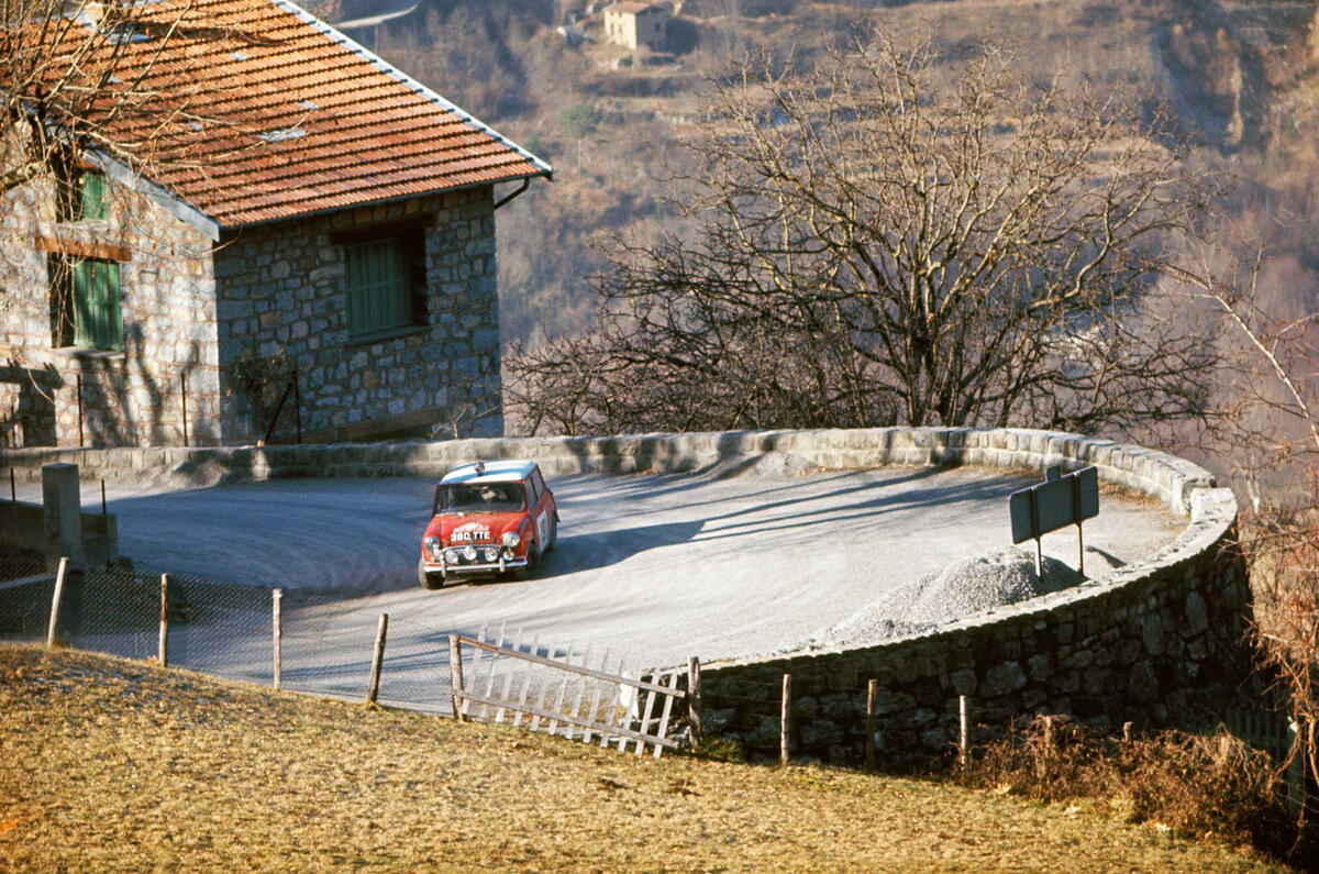 Paddy Hopkirk Mini rallying bend Paddy Hopkirk Mini rallying bend