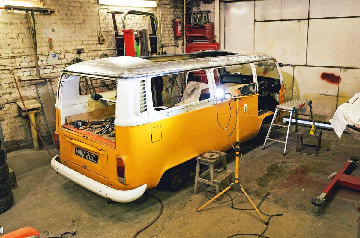 Volkswagen camper van being worked on