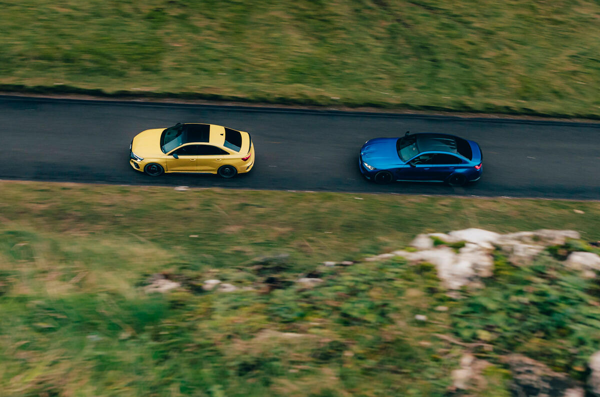 73 BMW M3 vs Audi RS3 saloon 2021 aerial