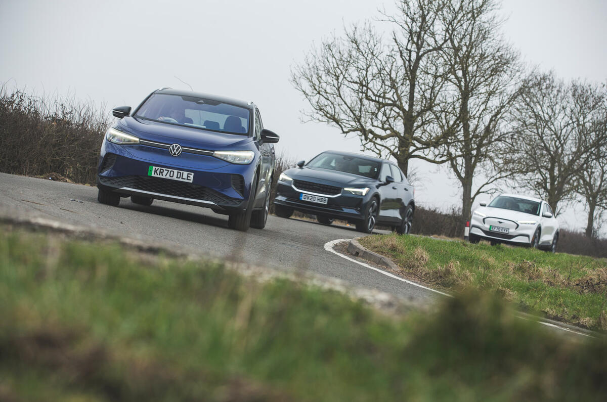 74 Mustang Mach e ID 4 Polestar 2 triple test 2021 triple corner 74 Mustang Mach e ID 4 Polestar 2 triple test 2021 triple corner
