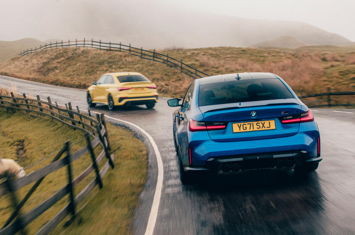 75 BMW M3 vs Audi RS3 saloon 2021 tracking rear