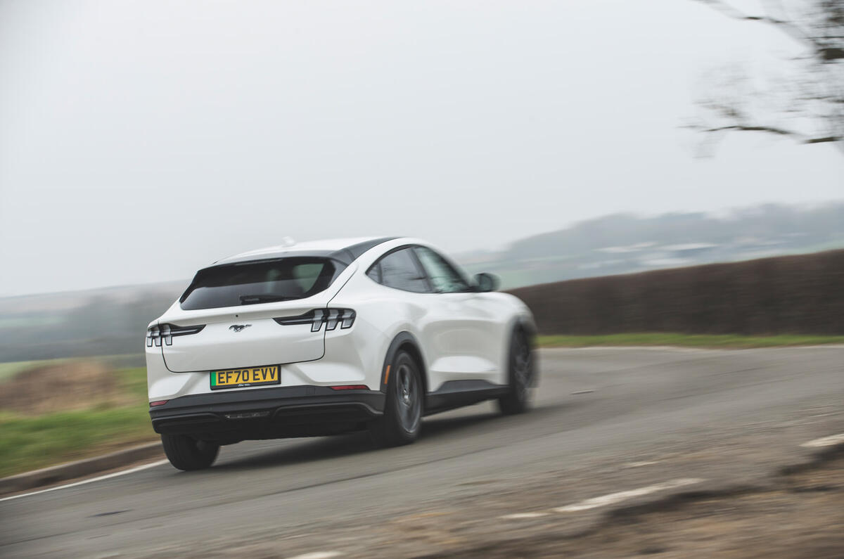 75 Mustang Mach e ID 4 Polestar 2 triple test 2021 Mustang corner solo rear 75 Mustang Mach e ID 4 Polestar 2 triple test 2021 Mustang corner solo rear