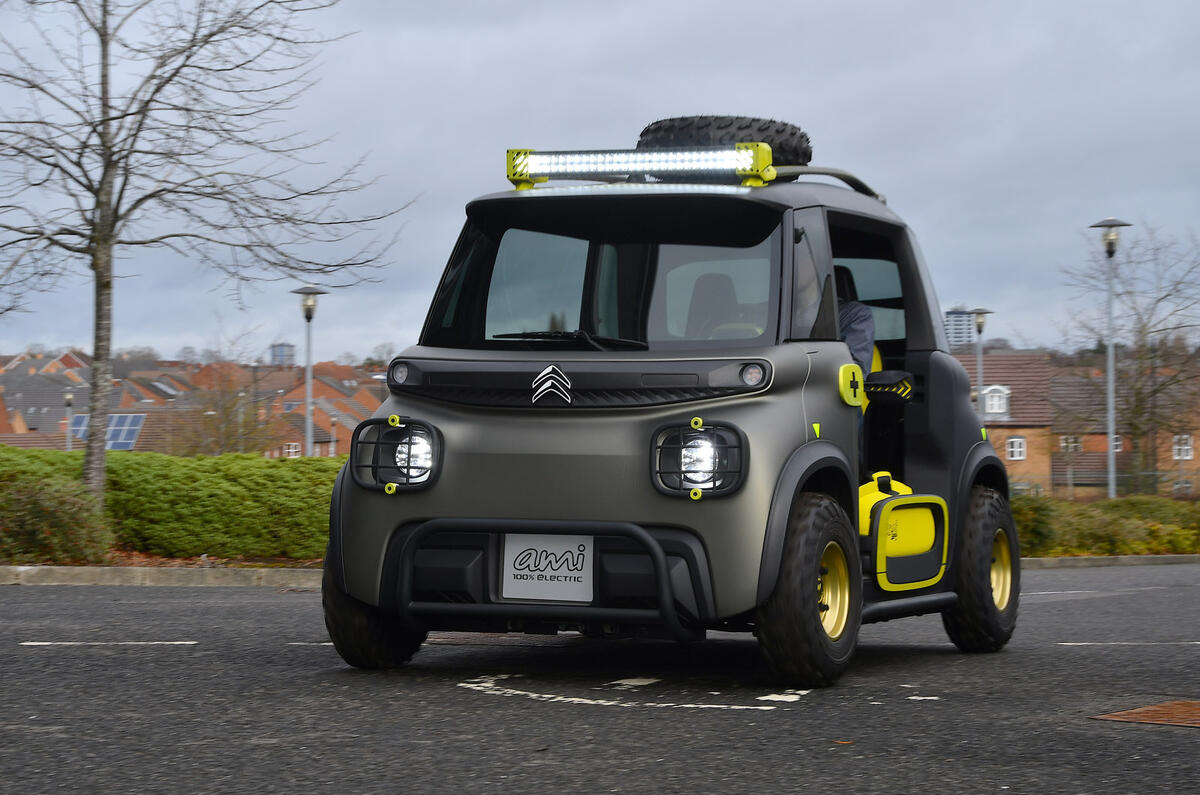 76 Citroen Ami Beach 2022 drive Autocar on road front 76 Citroen Ami Beach 2022 drive Autocar on road front